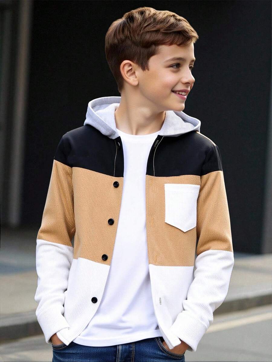 Tween Jungen Lässig Farbblock Patchwork Hoodie Shirt mit Taschen, geeignet für Herbst, Frühling, Winter, Outdoor-Spiel, Schule, Straße, Party und Zuhause Entspannung, hohe Preis-Leistung, Tween Jungen Jacken, Hoodies für Jungen, Jungen Kapuzenjacken, Teenager Hoodies Jungen, Jungen Hoodies, Tween Jungen Cord Jacke Herbst - Khaki - Übersicht 1