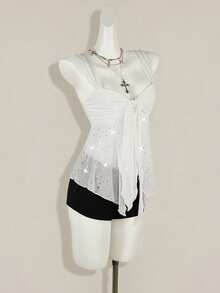 SHEIN ICON Áo ba lỗ nữ vải bóng viền lưới bất đối xứng - trắng - Xem 7