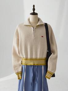 ESTAVOR Áo len cổ đứng khóa kéo nửa màu đơn giản cho nam, mùa đông - Màu be - Xem 3