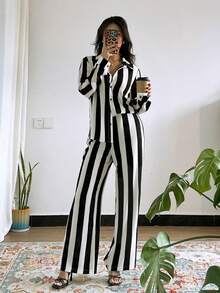 SHEIN Tall 女士优雅通勤休闲黑白条纹两件套长袖套装 - 黑與白 - 查看 5