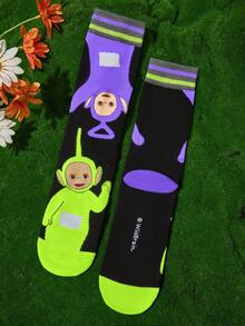 Teletubbies X SHEIN 2Pairs Soft & Breathable Moisture-Wicking Casual Men Mid-Calf Socks With Cartoon Pattern Fashionable Cute Grey & Black Crew Socks Reinforced Toe & Heel For Durability Unisex Women All Season All-Match Summer Winter