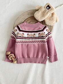 SHEIN Baby Girl Cute Bear Knitted Sweater - Pink - View 2