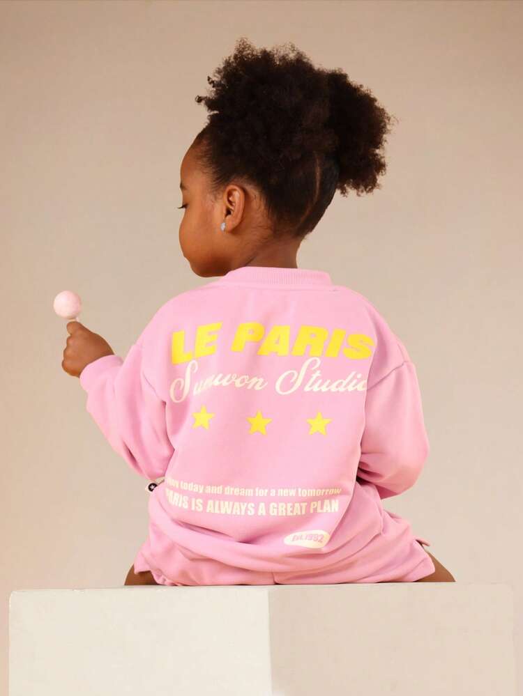 Pink Hoodie And Shorts Set With Text Print