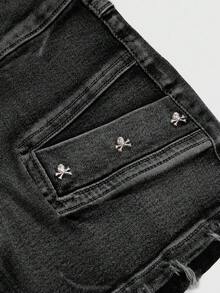 ROMWE Grunge Punk 复古做旧骷髅铆钉低腰性感女式牛仔迷你裙 - 黑色 - 查看 3