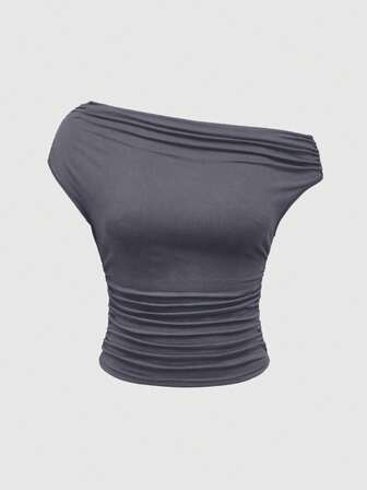 Grunge Punk Camiseta de mujer con hombros ajustados y fruncidos, estilo retro del milenio Shibuya Girl Y2K