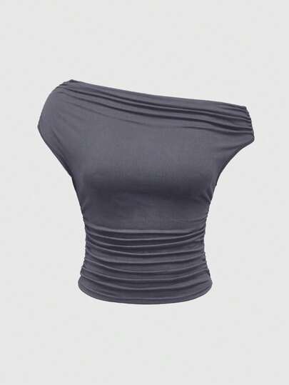 Grunge Punk T-shirt femme à épaules serrées plissées, style rétro Y2K Shibuya Girl Millennium