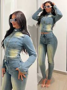 Jeanoix Elastic Fitted Stand Collar Zip-Up Vintage Washed Denim Jacket