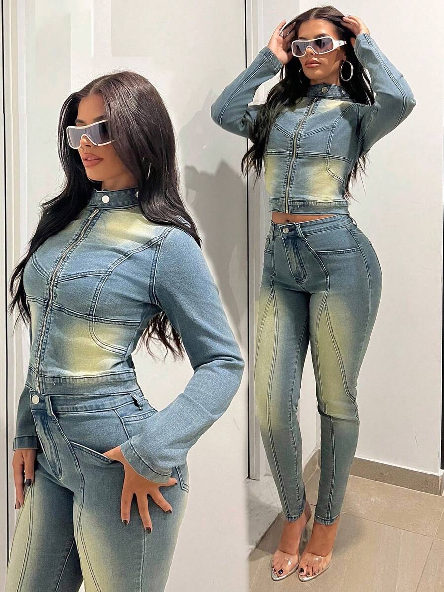 Jeanoix Elastic Fitted Stand Collar Zip-Up Vintage Washed Denim Jacket