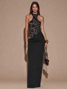 SHEIN BAE 1 件女式无袖不对称蕾丝紧身连衣裤，优雅的黑色长裙，适合圣诞节、万圣节、派对、正式场合、伴娘礼服、生日礼服，黄色缎面长裙，适合圣诞节、鸡尾酒会、商务休闲 - 黑色 - 查看 4