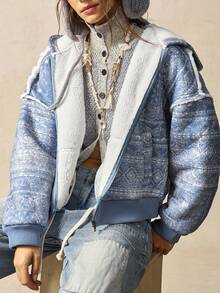 Bohemela 波西米亚风秋冬外套，女士休闲落肩拉链长袖宽松针织连帽外套，复古波西米亚腰果图案，毛绒保暖内衬，西部乡村风格，适合度假、日常穿着、返校季、万圣节、圣诞节等场合。 - 藍色 - 查看 4