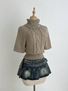 Elamini Maglione da donna con collo a lupetto, maniche corte e colletto a cappuccio, design alla moda per un uso versatile quotidiano, adatto per l'autunno/inverno - Cachi - Visualizzare 3