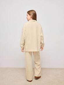 Tween Girls Casual Everyday Commute Simple Solid Color Ribbed Drop Shoulder Loose Half Zip Collared Hoodie And Straight Leg Sweatpants Set, Autumn - Khaki - View 2