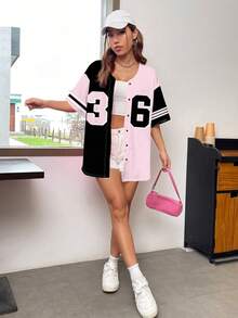 SHEIN EZwear 女士宽松前开短袖衬衫棒球夹克，适合夏季 - 黑色 - 查看 6