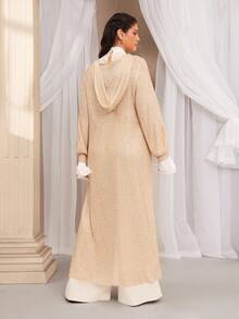 VOLUPTÉ CURVE Plus Size Women's Fall/Winter Champagne Gold Floor Length Cardigan Metallic Knit Sequin Fringe Hooded Drop Shoulder, Elegant Party Evening Cardigan - Gold - View 2