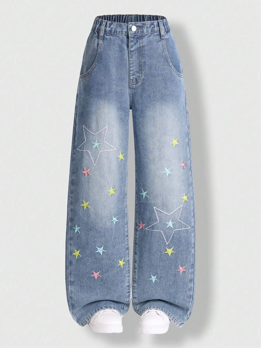 Explorewe SHEIN KIDS Tween Girls Jeans, Gifts For 11 Year Old Girls,New Arrival For Fall/Winter 2025, American Vintage Fashion Star Embroidery Design, Children's Relaxed Fit Straight Leg Loose Jeans, Suitable For Outings, School, Commute, Parties, Christmas Celebrations And Home Wear Star Jeans Jeans With Design Embroidery Jeans Baggy Star Jeans Tween Jean Pants Star Embroidered Jeans - Blue - View 1