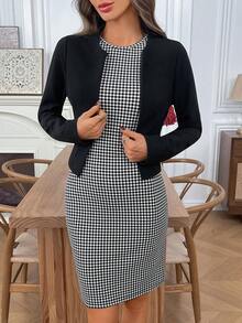 EMERY ROSE 2 件套女士休闲通勤纯色长袖上衣和格子无袖连衣裙套装 - 黑與白 - 查看 8