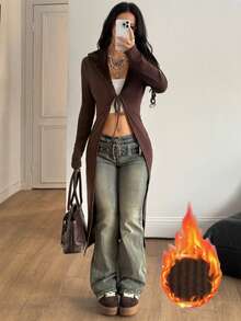 Coolane Y2K Fashion Vintage Rib Knit Flannelette Textured Lace Up Brown Long Cardigans Quần áo thu đông cho phụ nữ - màu nâu - Xem 3