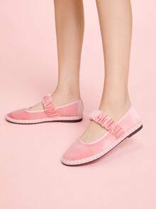 CUCCOO DOLLMOD Women's Elegant Velvet Mary Jane Flats, Shallow Pink, Comfortable & Stretchy - Baby Pink - View 8