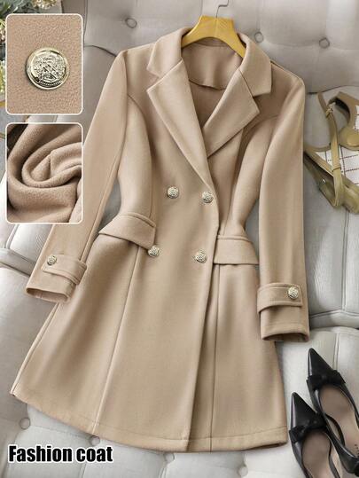 SHEIN PETITE CURVE Plus Size Solid Color Minimalist Long Sleeve Overcoat, Everyday Wear