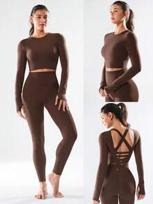 GLOWMODE FeatherFit™ Criss Cross Backless Cropped Sports Long Sleeve Tee Low Impact Yoga Pilates Daily - 巧克力棕 - 查看 8