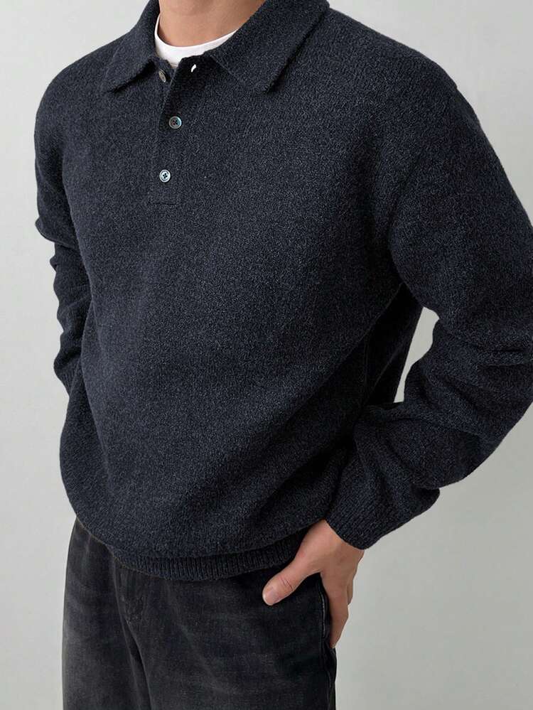 Men's Solid Color Polo Collar Long Sleeve Casual Sweater, Autumn