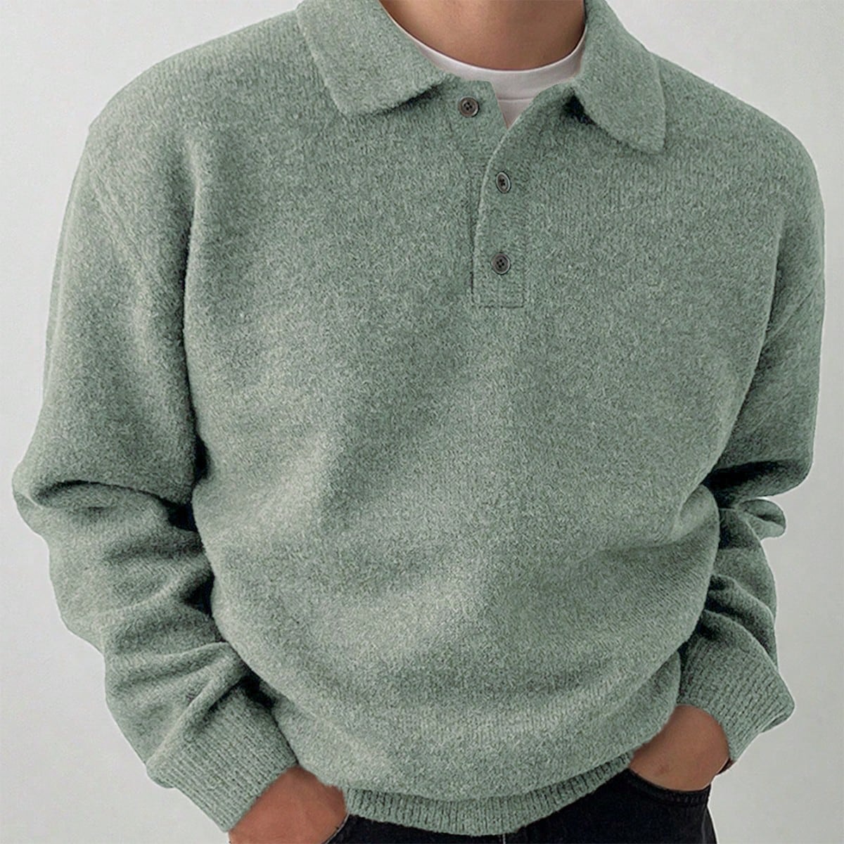 Jersey casual de cuello polo de unicolor y manga larga para hombre, otoño