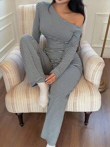SHEIN Women's Asymmetrical Neck Striped Print Long Sleeve Top And Pants Lounge Set Striped Two Pieces Set Casual 2 Pieces Lounge Sets Woman, Fall Winter Clothes Cozy And Elegant Details Off The Shoulder Two Pieces Set Women 2 Pieces Sets Outfit - Multicolor - View 3