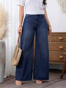 EMERY ROSE Plus Size Women Casual Pockets Loose Denim Wide Leg Pants Winter New Year - Dark Wash - View 6