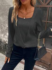 SHEIN Clasi Solid Square Neck Sweatshirt,Long Sleeve Top,Graduation,Teacher,Back To School In Fall/Winter - Dark Grey - View 3