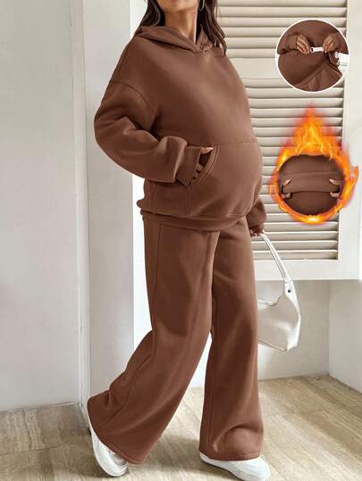 SHEIN 2件套孕妇休闲纯色连帽衫和运动裤套装，秋冬