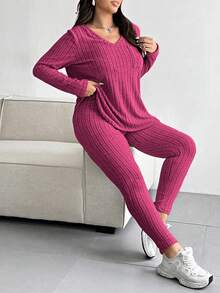 Vionelle Plus Size Solid Color Textured V-Neck Top And Pants Set Fall - Hot Pink - View 6