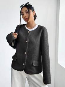 Flirla 女式纯色长袖单排扣羊毛休闲宽松夹克，秋冬 - 灰色 - 查看 4
