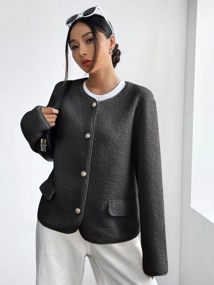 SHEIN Unity Women's Solid Color Long Sleeve Single-Breasted Fleece Casual Loose Jacket, Autumn/Winter - Grey - View 4