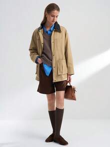 INAWLY Áo khoác da nữ dáng rộng nhiều túi cổ và tay áo tương phản - Màu Khaki - Xem 5