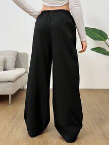 SHEIN 青少年女孩黑色星星贴片撞色抽绳编织休闲风裤，街头运动百搭长裤 - 黑色 - 查看 3