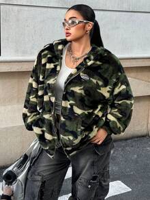 Muchica 大码女式迷彩印花加厚保暖拉链外套，带口袋，秋冬季保暖 - 彩色 - 查看 6