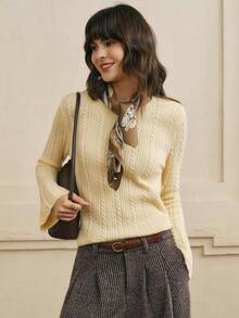 Cévolie Women's Solid Color Casual Twist Cable Round Neck Regular Shoulder Long Sleeve Knit Sweater - Yellow - View 5