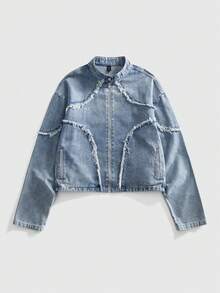 ROMWE MEN Street Life Men's Casual Washed Denim Jacket With Embroidered Digits, Autumn - Blue - View 2