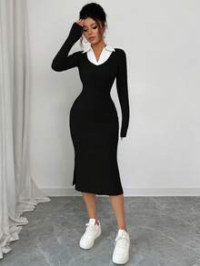 Rafferiza Đầm ôm body tay ngắn cổ chữ V phối lưới thun màu đen thanh lịch thời trang dành cho nữ - màu đen - Xem 3