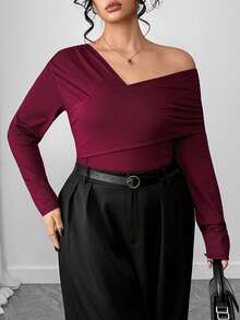 Selianne Plus Size Solid Color One Shoulder Long Sleeve Fitted Top - Burgundy - View 6