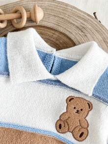 SHEIN 2件套幼儿男童条纹针织小熊刺绣可爱毛衣和裤子套装 - 藍白色 - 查看 4