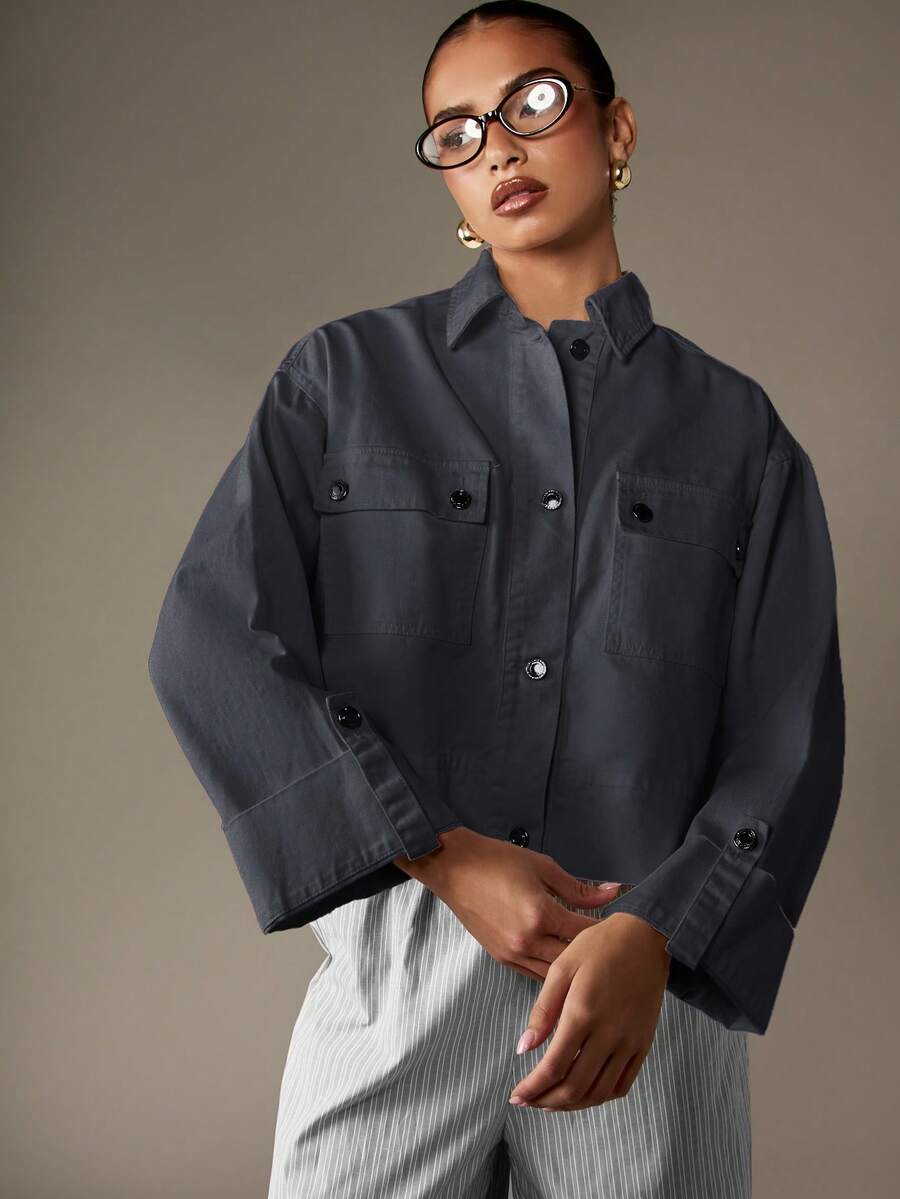 MISSGUIDED Cropped Button Front Denim Shirt Chest Pocket Long Sleeve Collared Jacket - Grey - View 1