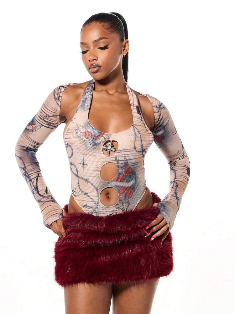 SUMWON WOMEN Tattoo Printed Mesh Long Sleeve Bodysuit With Cutout Details Halter Neck Shrug Style