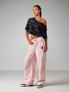 Missguided x Playboy 宽松阔腿运动裤，兔子刺绣，腰部抽绳，适合休闲家居服 - 粉色 - 查看 3