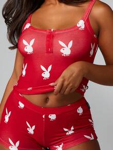 Missguided x Playboy 圣诞兔子印花吊带背心和短裤套装 - 紅白色 - 查看 4