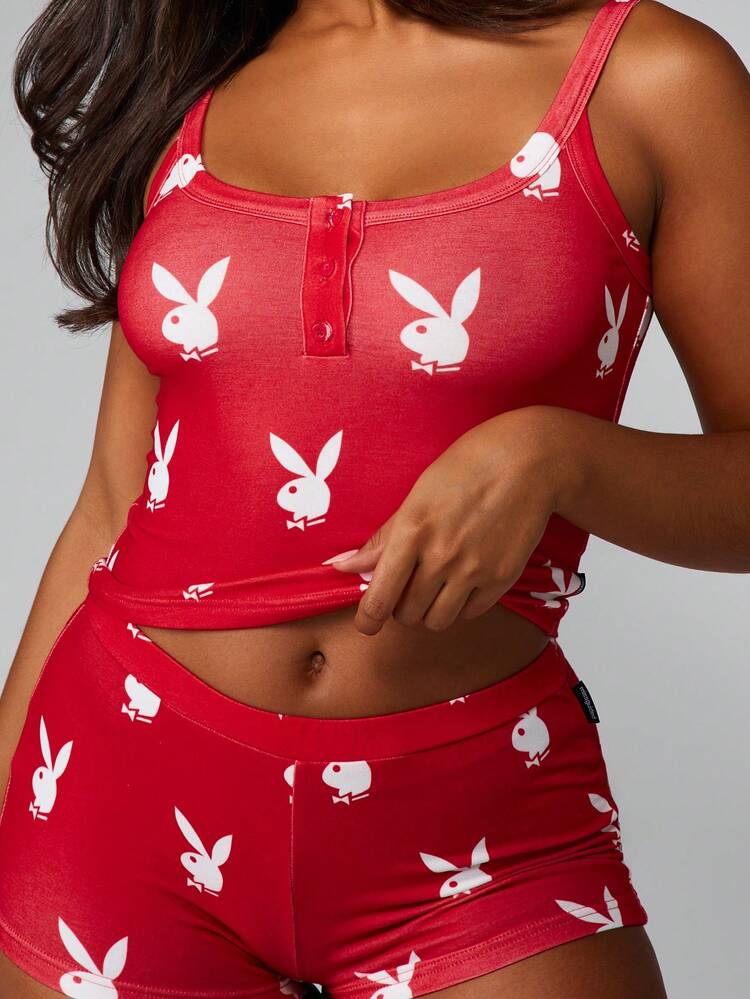 Missguided x Playboy Christmas Bunny Print Cami Top And Shorts Set