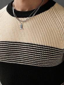 Manfinity Mode 男士撞色圆领休闲长袖套头毛衣，秋冬 - 彩色 - 查看 2