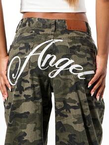 SUMWON WOMEN 宽腿迷彩天使印花高腰牛仔裤，适合日常休闲节日街头风格 - 軍綠色 - 查看 2