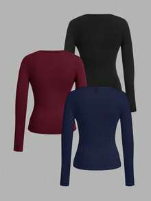 SHEIN EZwear 3 件套女士深 V 领修身休闲长袖 T 恤套装，秋冬 - 彩色 - 查看 2
