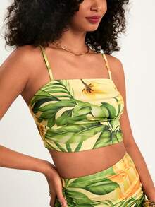 CAJUNI Women's Tropical Print Cropped Camisole And Ruched Waist Asymmetric Hem Skirt Set, Beach Skirt Set, Vacation Outfits Woman Skirt Set, Tropical Two Piece Set, Summer Skirt And Top Set, Beach Two Piece Set, Vacation Outfits Woman 2 Piece, Summer Two Piece Set Vacation - Yellow - View 7